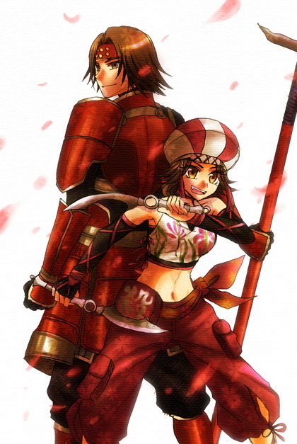 1boy 1girl armor brown_eyes brown_hair elbow_gloves female fingerless_gloves gloves hasuhiko hat headband kunai kunoichi_(sengoku_musou) looking_back male midriff pants polearm sanada_yukimura sanada_yukimura_(sengoku_musou) sengoku_musou short_hair spear tank_top tanktop weapon