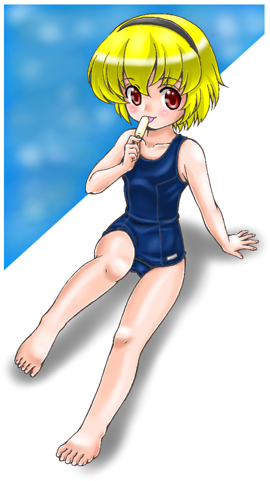 arm_support bad_id bad_pixiv_id barefoot blonde_hair buzzsaw feet food hairband higurashi_no_naku_koro_ni houjou_satoko one-piece_swimsuit popsicle red_eyes school_swimsuit short_hair solo swimsuit