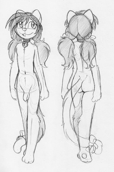 anthro balls bell_collar butt collar conditional_dnp domestic_cat eyelashes felid feline felis flaccid fur girly guide_lines hair jay_naylor male mammal mikey_(jay_naylor) nude penis pigtails rear_view ribbons sketch smile solo standing tail_bow tail_ribbon traditional_media_(artwork)