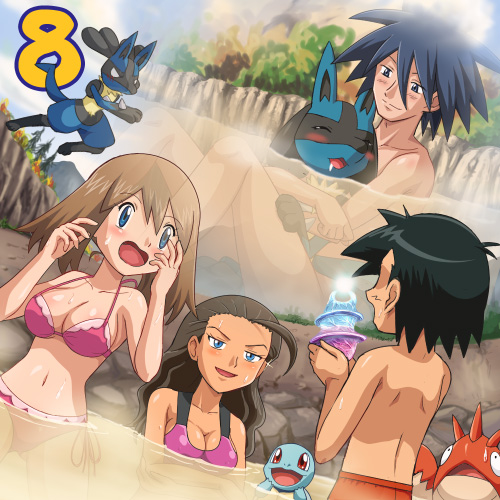 2girls :d :o ^_^ ahoge alternate_breast_size arlon_(pokemon) back bangs bikini black_hair blue_eyes blue_sky blush body_blush breasts brown_hair cleavage cliff closed_eyes clothed_female_nude_male cloud corphish crossed_arms crystal day drooling dutch_angle embarrassed flashback gen_1_pokemon gen_3_pokemon gen_4_pokemon gradient hair_between_eyes happy haruka_(pokemon) holding hug hug_from_behind jumping kidd_summers large_breasts long_hair lowres lucario male_swimwear mixed_bathing mountain multiple_boys multiple_girls nature naughty_face navel no_pupils nude number onsen open_mouth outdoors partially_submerged pink_bikini pokemoa pokemon pokemon_(anime) pokemon_(creature) pokemon_ag pokemon_m08 red_eyes rock saliva satoshi_(pokemon) seductive_smile shirtless short_hair side-tie_bikini sideboob sitting sitting_on_lap sitting_on_person sky smile spiked_hair sports_bikini squirtle steam surprised swim_trunks swimsuit swimwear tan tankini tree wading water wavy_hair wet
