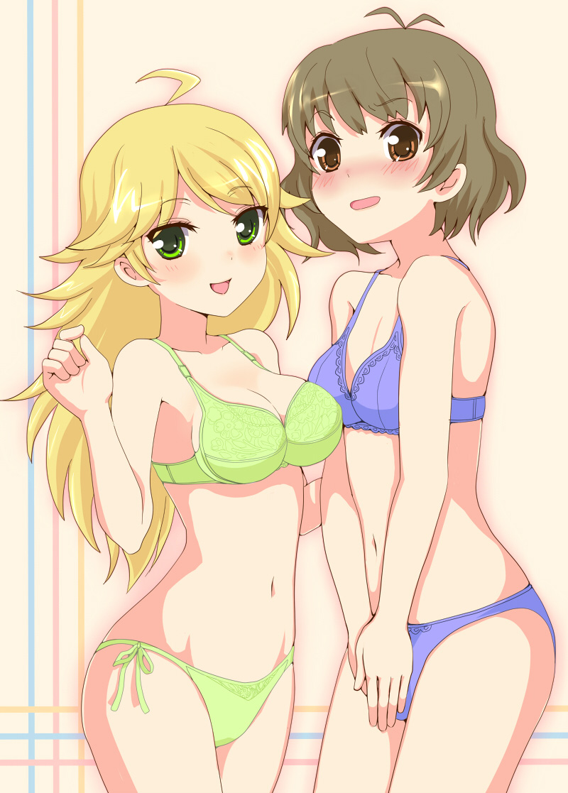 1girl akizuki_ryou blonde_hair blush bra brown_eyes brown_hair green_eyes hoshii_miki idolmaster idolmaster_(classic) idolmaster_dearly_stars lingerie long_hair otoko_no_ko panties solar_kaichuudentou underwear underwear_only