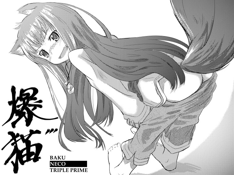 animal_ears ass barefoot blush fang feet greyscale holo long_hair looking_back monochrome mtr pouch solo spice_and_wolf tail undressing wolf_ears