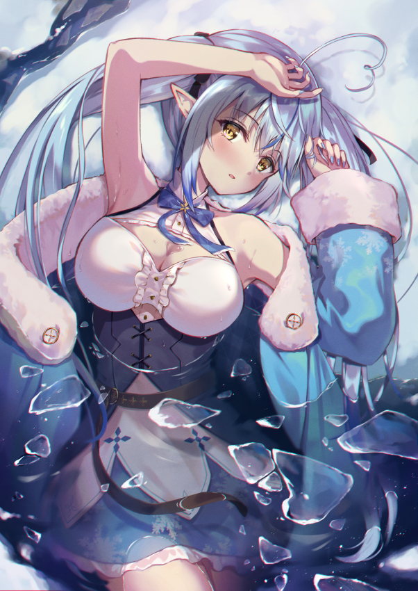 1girl ahoge arm_out_of_sleeve arm_up bangs bare_shoulders belt blue_dress blue_hair blue_jacket blue_nails blue_ribbon blue_theme blush breasts bust_cup center_frills cleavage corset cowboy_shot dress elf frills fur-trimmed_jacket fur-trimmed_sleeves fur_trim hand_up head_tilt heart_ahoge hololive ice jacket large_breasts leather_belt long_hair long_sleeves looking_at_viewer lying nail_polish on_back ouka_(ra-raradan) partially_submerged pointy_ears ribbon sidelocks sleeveless sleeveless_dress snow solo two-tone_dress very_long_hair virtual_youtuber water white_dress yellow_eyes yukihana_lamy
