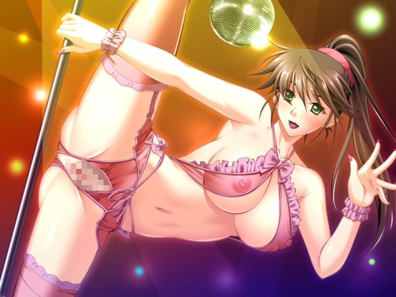 arc_system_works bangs black_lipstick blush breasts bustier censored cleavage cropped_legs crotchless_panties disco_ball erect_nipples female frills green_eyes guilty_gear kuradoberi_jam lingerie lipstick looking_at_viewer makeup nail_polish panties pole pole_dancing pussy see-through smile solo thighhighs underwear