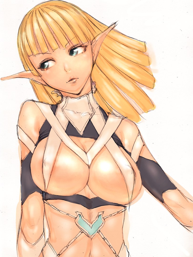 areolae bare_shoulders blonde_hair breasts cleavage covered_nipples elf fumio_(rsqkr) green_eyes large_breasts original pointy_ears sketch solo upper_body