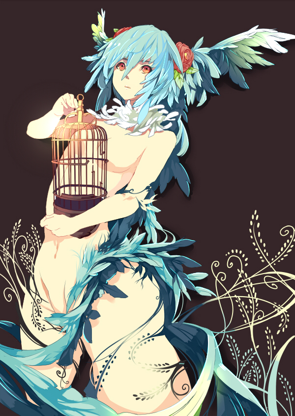 blue_hair cage feathers flower looking_up nude original red_eyes solo tenryou_sena