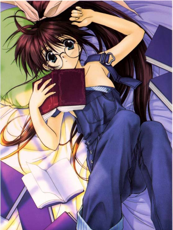 arm_up artist_request blue_eyes book breasts brown_hair copyright_request glasses hair_ribbon long_hair lying overalls ribbon sideboob small_breasts solo very_long_hair