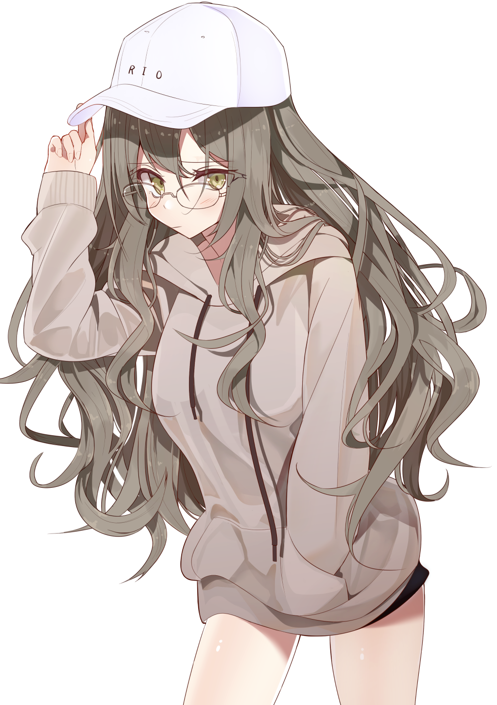 1girl arm_up bangs baseball_cap blush brown_eyes brown_hair brown_hoodie character_name closed_mouth clothes_writing commentary_request drawstring eyebrows_visible_through_hair futaba_rio glasses hair_between_eyes hand_in_pocket hand_on_headwear hat highres hood hood_down hoodie long_sleeves seishun_buta_yarou shirousa simple_background sleeves_past_wrists solo white_background white_hat