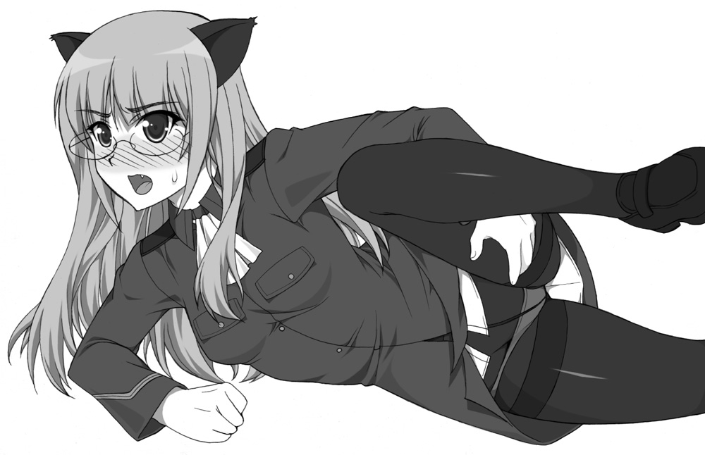 animal_ears blush crotch_seam fang glasses greyscale long_hair monochrome open_mouth panties panties_under_pantyhose pantyhose perrine_h_clostermann shichimenchou solo spread_legs strike_witches thighband_pantyhose underwear uniform world_witches_series