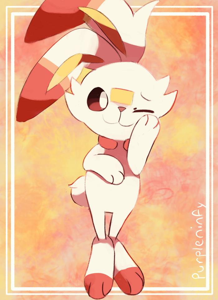 3_toes :3 ambiguous_gender dipstick_ears fluffy invalid_color lagomorph long_ears mammal nintendo one_eye_closed pink_nose pok&eacute;mon pok&eacute;mon_(species) purpleninfy red_eyes red_paws scorbunny smile snout solo toes video_games