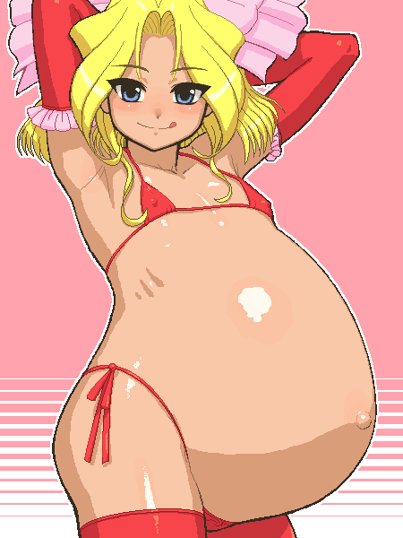 :q aliasing arms_behind_back arms_behind_head big_belly bikini blonde_hair blue_eyes bow elbow_gloves flat_chest gloves hair_bow iris_chateaubriand licking looking_at_viewer oekaki pink_background pink_bow pregnant sakura_taisen short_hair side-tie_bikini simple_background smile solo string_bikini stuffed_animal swimsuit tenseiani thighhighs