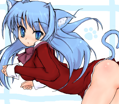 animal_ears asage ass blue_eyes blue_hair cat_ears kanon lowres minase_nayuki non-web_source school_uniform solo tail