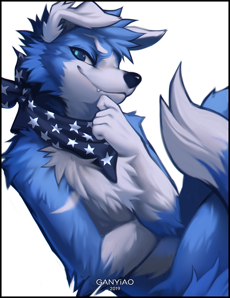 2019 anthro bandanna black_nose blue_eyes canid canine canis dipstick_tail domestic_dog falvie floppy_ears fur hair humanoid_hands looking_at_viewer male mammal multicolored_tail simple_background smile solo teeth white_background