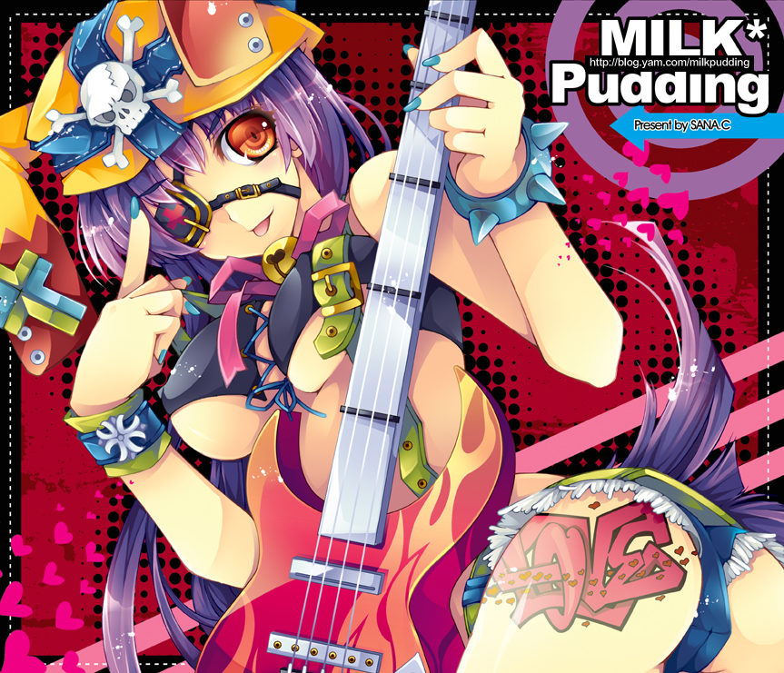 :p aqua_nails bad_id bad_pixiv_id bell belt bow bracelet breasts brown_eyes covered_nipples eyepatch fingernails guitar hat heart instrument jewelry large_breasts long_hair nail_polish orange_eyes original pointing purple_hair ribbon sana.c short_shorts shorts skull smile solo spiked_bracelet spikes tattoo tongue tongue_out underboob wrist_cuffs