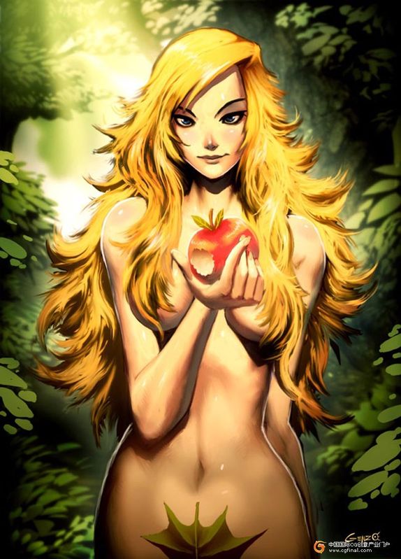apple bare_shoulders blonde_hair blue_eyes censored convenient_censoring eve_(mythology) food fruit genzoman hair_censor hair_over_breasts leaf_bikini long_hair mature nature nude solo the_bible