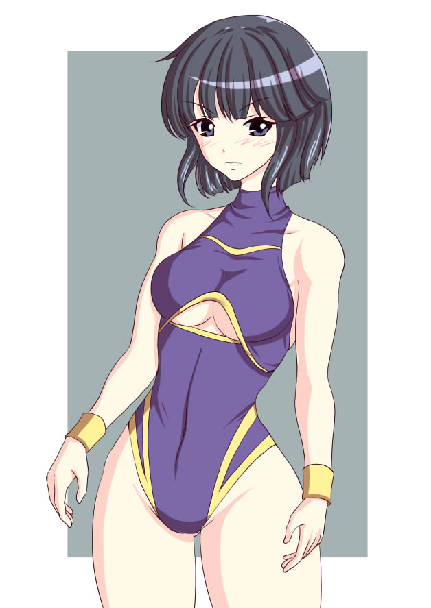 1girl bare_shoulders black_hair blue_eyes border breasts cleavage cleavage_cutout collarbone covered_navel cowboy_shot eyebrows_visible_through_hair gluteal_fold grey_background grey_eyes hair_between_eyes leotard lips looking_at_viewer medium_breasts minami_toshimi purple_leotard rigid short_hair solo standing turtleneck white_border wrestle_angels wrestle_angels_survivor wrestling_outfit wristband