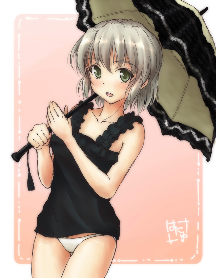 blush green_eyes hanyu lingerie nightgown no_pants open_mouth panties parasol sanya_v_litvyak short_hair sidelocks signature silver_hair solo strike_witches umbrella underwear world_witches_series