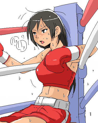 black_hair boxing boxing_gloves boxing_ring interval long_hair lowres red shorts sport sports_bra sweat