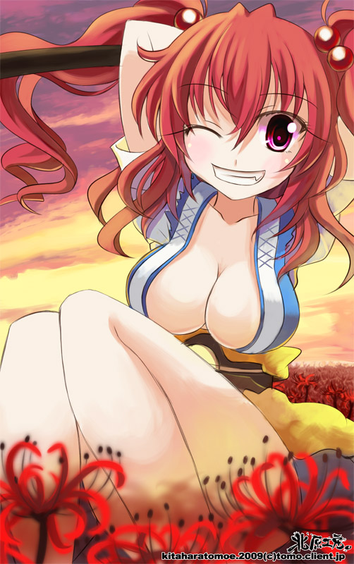 breasts cleavage fang flower grin kitahara_tomoe_(kitahara_koubou) large_breasts one_eye_closed onozuka_komachi purple_eyes red_hair smile solo spider_lily sunset touhou two_side_up