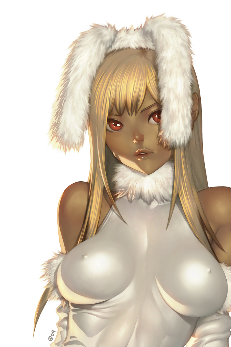 alien1452 animal_ears bare_shoulders blonde_hair breasts bunny_ears bunny_girl copyright_request covered_nipples dark_skin elbow_gloves fur gloves halter_top halterneck highres large_breasts leotard lips long_hair red_eyes shiny shiny_clothes shiny_skin simple_background solo