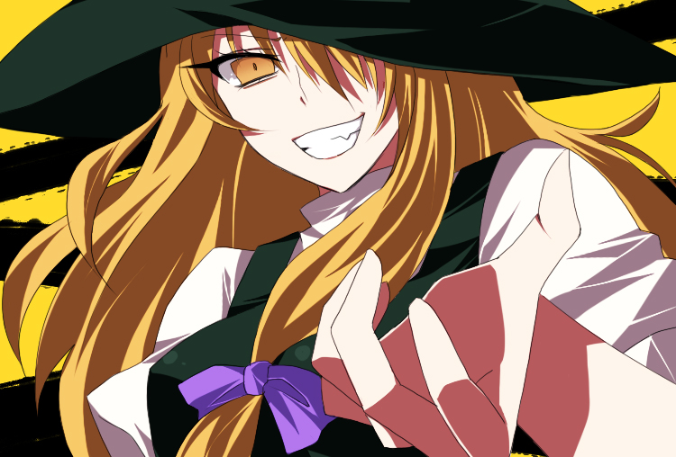 blonde_hair bow clenched_teeth flat_color grin hair_bow hair_over_one_eye hands hane_sotsu hat kirisame_marisa outstretched_hand reaching smile solo teeth touhou witch_hat yellow_eyes