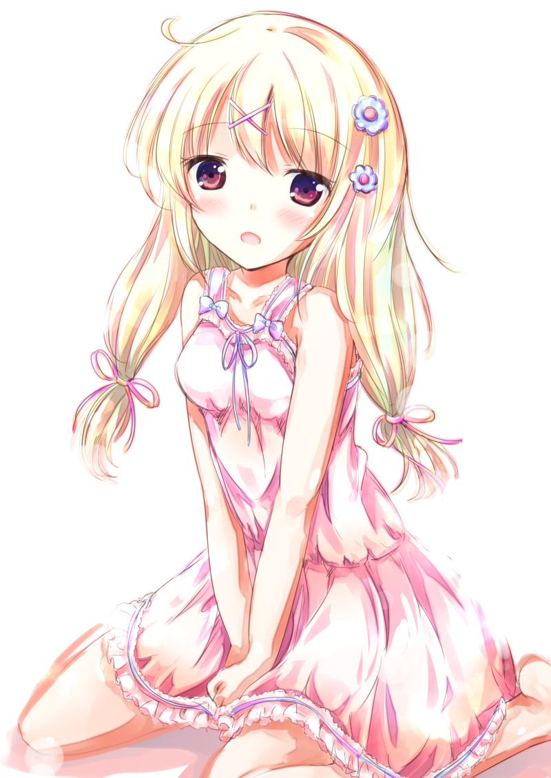1girl bangs bare_arms bare_shoulders barefoot between_legs blonde_hair blush breasts collarbone commentary_request dress eyebrows_visible_through_hair hair_ornament hair_ribbon hairclip hand_between_legs long_hair looking_at_viewer neck_ribbon open_mouth original pink_dress pink_ribbon purple_ribbon red_eyes ribbon shihou_haru simple_background sitting sleeveless sleeveless_dress small_breasts solo wariza white_background x_hair_ornament