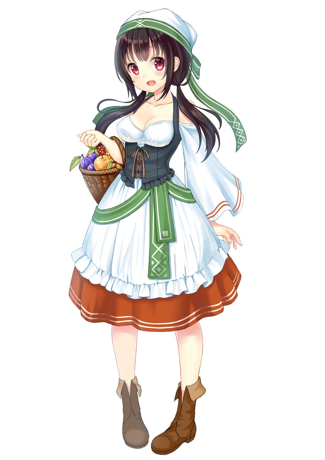1girl basket black_hair blush boots breasts brown_footwear cleavage corset dress food fruit full_body green_ribbon hair_ribbon highres looking_at_viewer low_twintails medium_breasts open_mouth original red_eyes ribbon setona_(daice) solo standing transparent_background twintails white_dress