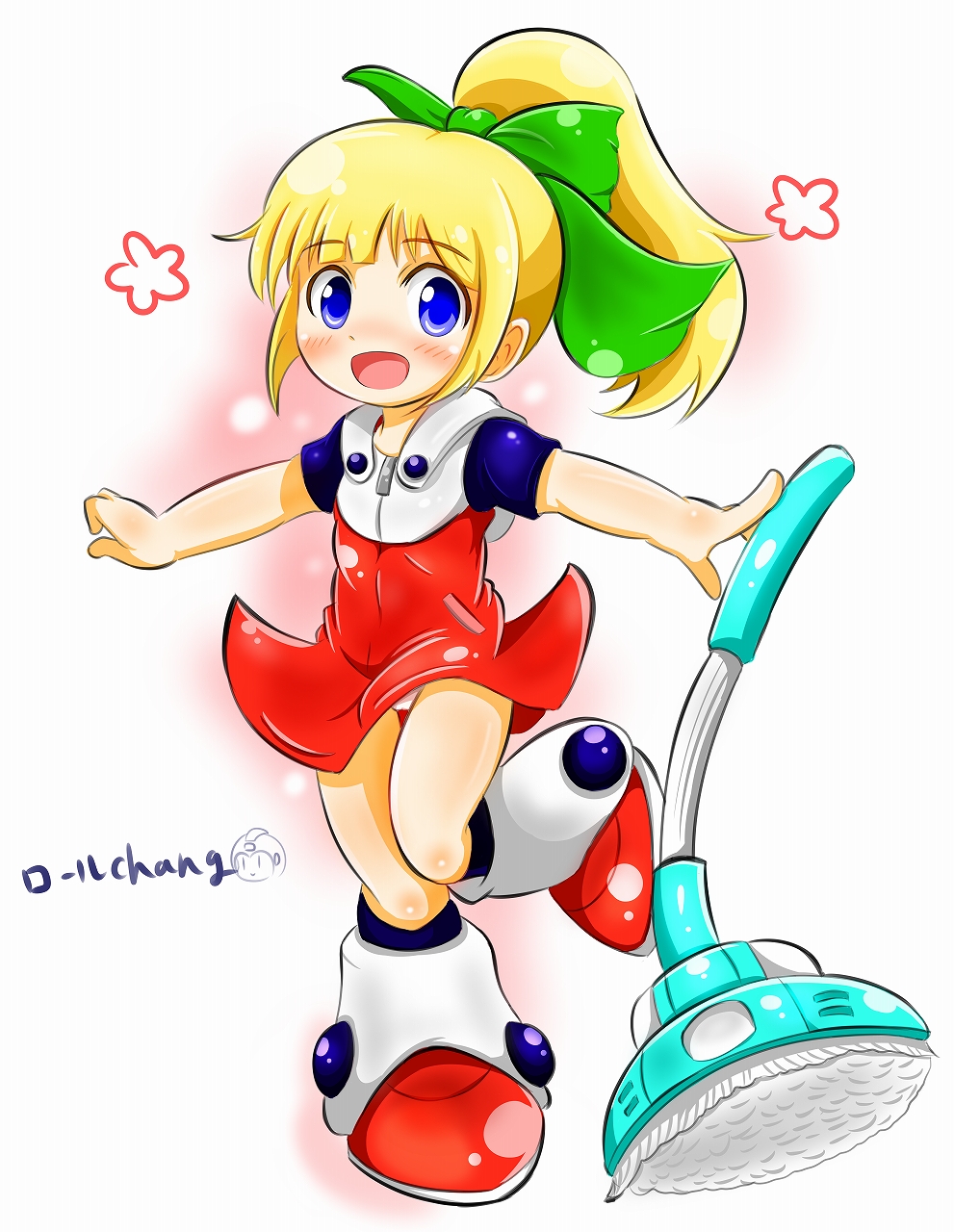 :d android bangs blonde_hair blue_eyes blunt_bangs blush bow character_name child commentary_request dress eyebrows_visible_through_hair full_body green_bow hair_bow hair_ornament high_ponytail highres hood hood_down hooded_dress knees_together_feet_apart leg_up long_hair open_mouth orangehamu outstretched_arms ponytail red_footwear rockman rockman_(classic) rockman_11 roll sidelocks smile solo standing vacuum_cleaner