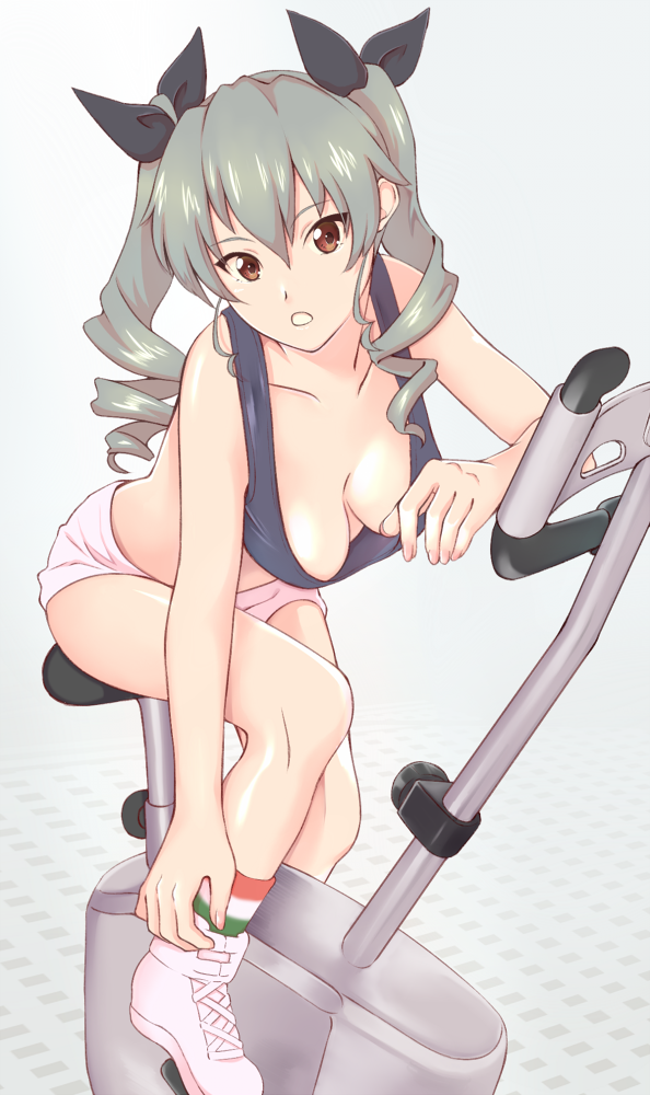 10s 1girl anchovy blue_sports_bra bow breasts brown_eyes cleavage downblouse drill_hair egooo eyebrows_visible_through_hair girls_und_panzer gradient gradient_background green_hair hair_bow large_breasts leaning_forward long_hair looking_at_viewer parted_lips pink_shorts shoes shorts simple_background sitting solo sports_bra training twin_drills twintails