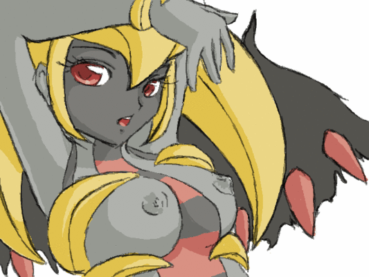 blonde_hair breasts dark_skin giratina open_mouth personification pokemon red_eyes wings