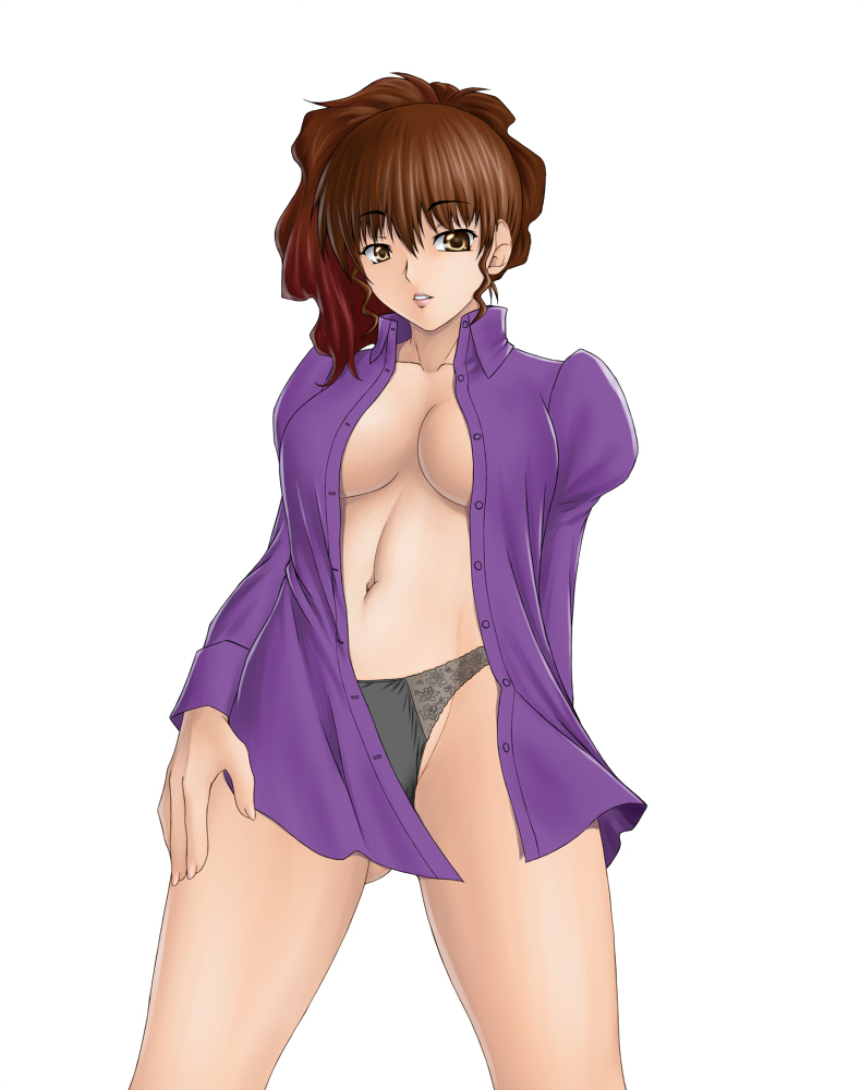 210ten brown_eyes brown_hair no_bra open_clothes open_shirt panties shirt solo umineko_no_naku_koro_ni underwear ushiromiya_natsuhi