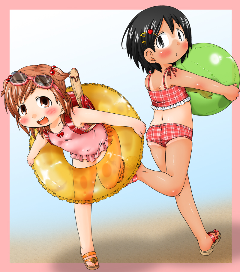:d armpits backpack bag ball beachball bikini black_eyes black_hair blush brown_eyes brown_hair casual_one-piece_swimsuit child covered_navel denki_(digi6598) flat_chest frame frilled_swimsuit frills goggles goggles_on_head hair_ornament hairclip looking_at_viewer megu's_friend_(mitsudomoe) megu_(mitsudomoe) mitsudomoe multiple_girls one-piece_swimsuit one-piece_tan open_mouth randoseru sandals short_hair short_twintails skindentation smile swimsuit tan tankini tanline twintails