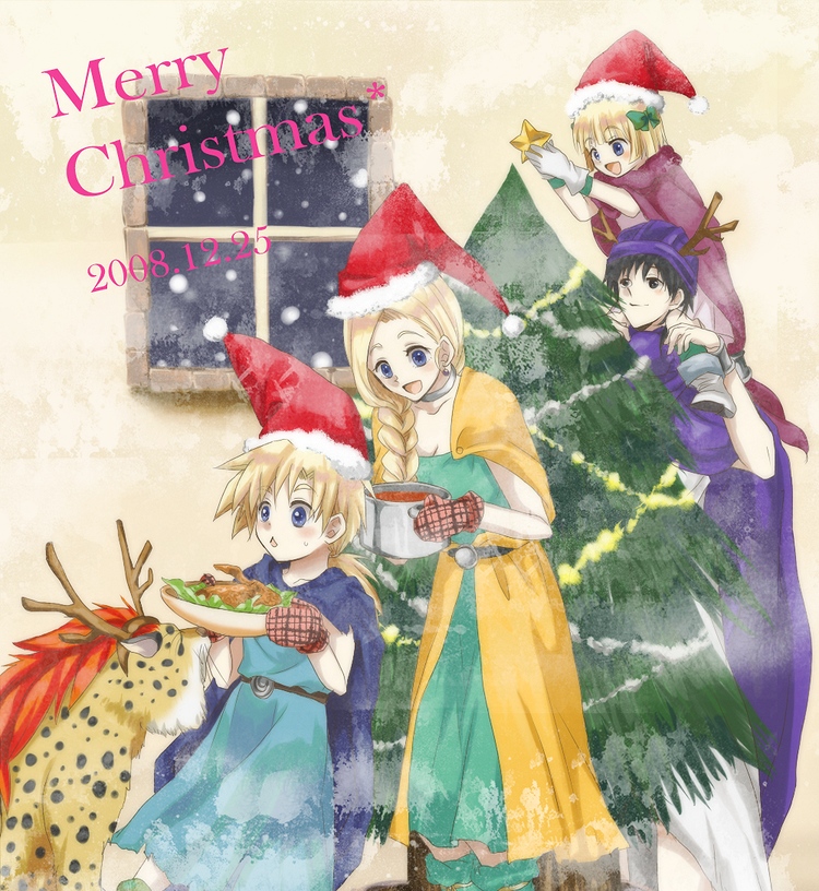 2girls antlers bad_id bad_pixiv_id bianca bianca's_daughter bianca's_son blonde_hair blue_eyes borongo braid cape carrying christmas christmas_tree dragon_quest dragon_quest_v earrings family food hair_over_shoulder happy hat hero_(dq5) jewelry long_hair mittens multiple_boys multiple_girls okra_boom santa_hat short_hair shoulder_carry single_braid smile tree turban