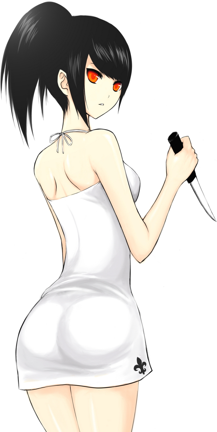:o ass back bare_shoulders black_hair dress fleur_de_lis from_behind highres holding knife lang_(chikage36) looking_back orange_eyes original parted_lips ponytail reverse_grip simple_background solo white_background