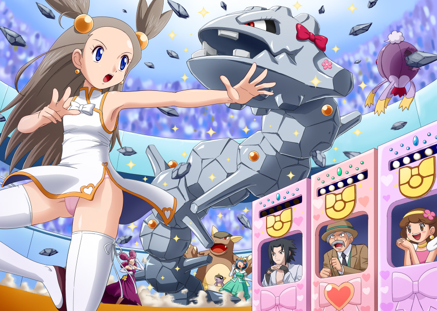 4girls armpits ayako_(pokemon) blue_eyes brown_hair china_dress chinese_clothes crossover dress drifblim earrings elbow_gloves fighting_stance from_below gen_1_pokemon gen_2_pokemon gen_4_pokemon gendou_pose gentleman_(pokemon) gloves gym_leader hands_clasped idol_(pokemon) jewelry kangaskhan melissa_(pokemon) mikan_(pokemon) multiple_boys multiple_girls naruto naruto_(series) own_hands_together panties pokemoa pokemon pokemon_(creature) pokemon_(game) pokemon_gsc steelix thighhighs two_side_up uchiha_sasuke underwear wind wind_lift