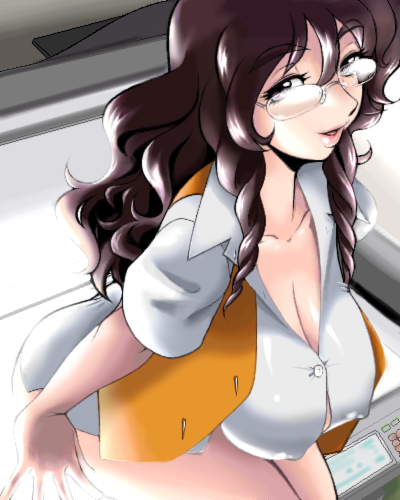 bad_id bad_pixiv_id bottomless breasts brown_eyes brown_hair cleavage copy_machine copyright_request covered_nipples fjt_(fjym2) large_breasts long_hair lowres solo