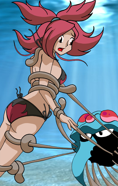 1girl asuna_(pokemon) bdsm bondage bound gym_leader pokemon red_hair tentacruel underwater