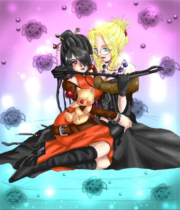 2girls black_hair blonde_hair blue_eyes blush boots breasts cosplay costume_switch final_fantasy final_fantasy_viii final_fantasy_x glasses gloves lips lipstick lulu lulu_(final_fantasy) makeup moogle multiple_girls quistis_trepe red_eyes sitting skirt whip
