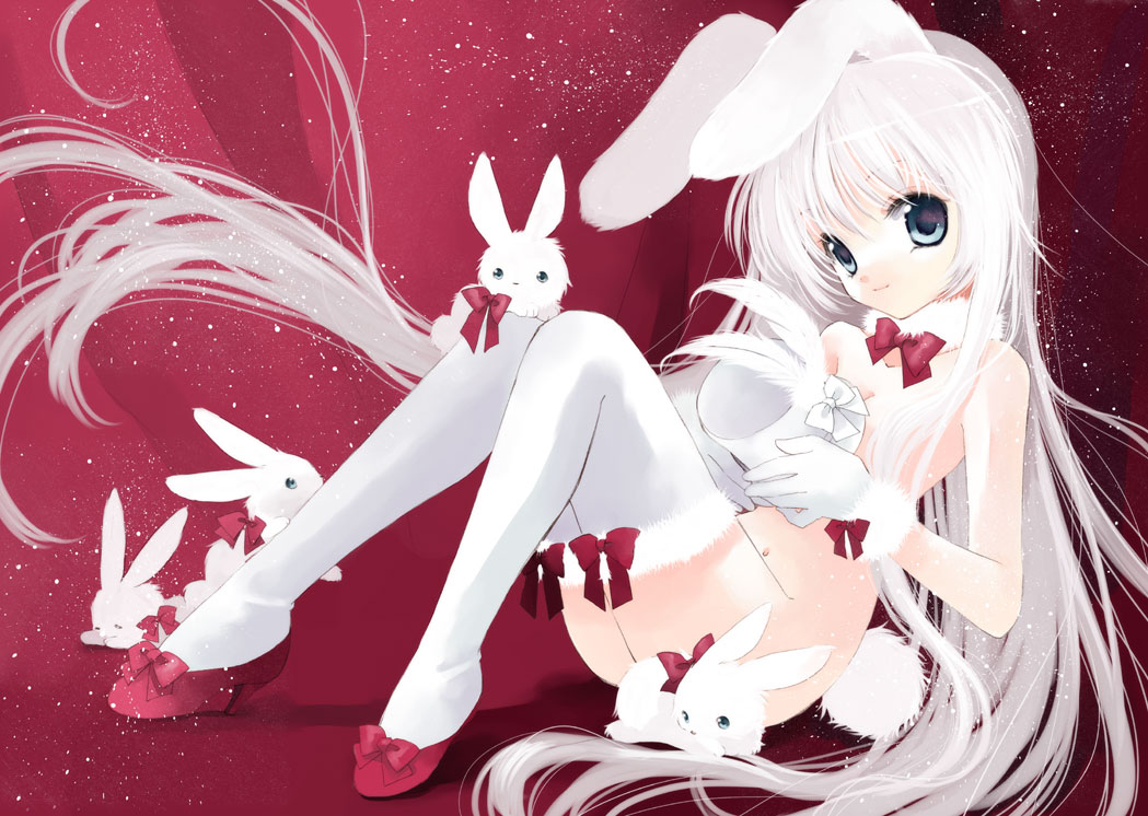 animal_ears aqua_eyes bow bunny bunny_ears bunny_tail feathers flat_chest fur hato_rami high_heels long_hair nude original shoes sitting solo tail thighhighs twintails very_long_hair white_hair white_legwear