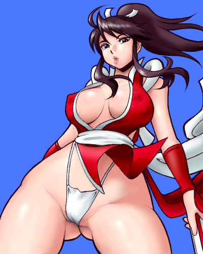 ass_visible_through_thighs bad_id bad_pixiv_id black_hair breasts cleavage covered_nipples fatal_fury fjt_(fjym2) gloves green_eyes highleg highleg_panties hips large_breasts lips long_hair lowres panties pelvic_curtain ponytail revealing_clothes shiranui_mai solo the_king_of_fighters underwear white_panties