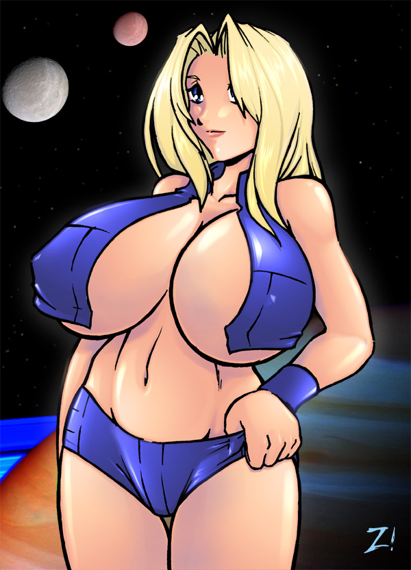 blonde_hair blue_eyes breasts huge_breasts lips metroid moon navel open_clothes open_shirt samus_aran shirt smile solo space wristband