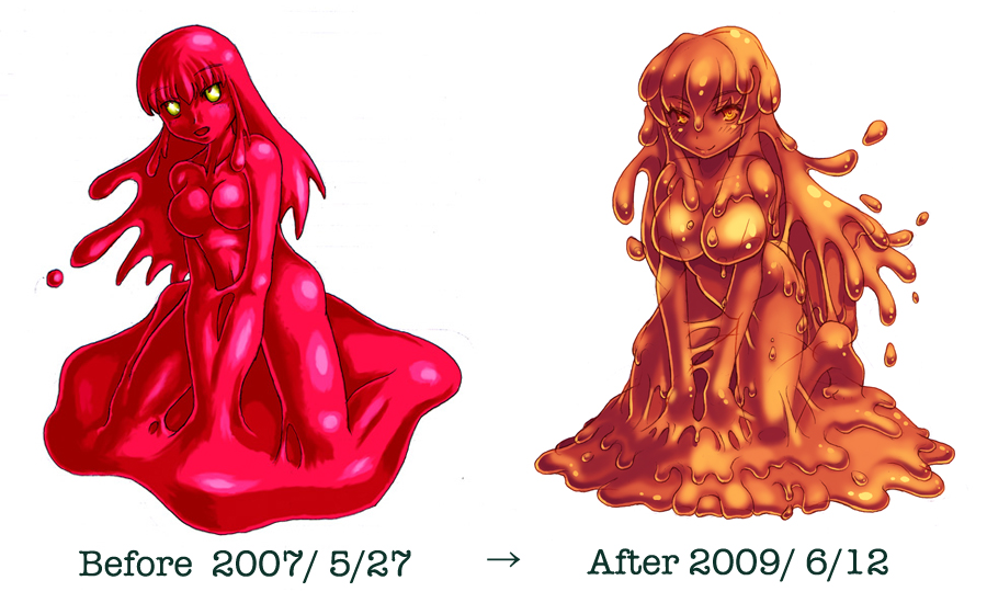 barefoot blush breasts comparison food fruit glowing glowing_eyes goo_girl kenkou_cross medium_breasts monster_girl monster_girl_encyclopedia orange red red_slime_(monster_girl_encyclopedia) slime smile toes yellow_eyes