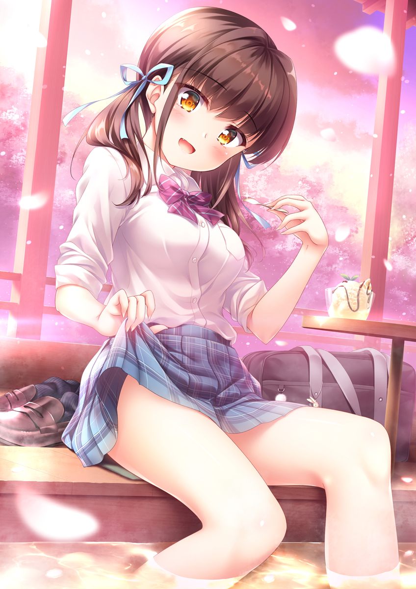 1girl :d ashiyu bag bare_legs black_legwear blue_ribbon blue_skirt blue_sky blurry blush bow bowtie breasts brown_footwear brown_hair buttons charm_(object) cherry_blossoms cloud cloudy_sky collared_shirt commentary_request day depth_of_field dress_shirt fang hair_ribbon hand_up head_tilt highres holding holding_spoon legwear_removed lifted_by_self loafers long_hair looking_at_viewer medium_breasts miniskirt moe2019 open_mouth orange_eyes original petals pleated_skirt purple_neckwear ribbon school_bag school_uniform shirt shirt_tucked_in shoes shoes_removed short_sleeves skirt skirt_lift sky smile soaking_feet solo spoon striped striped_legwear striped_neckwear teaspoon thighs tree twintails water white_shirt yuurei_yashiki