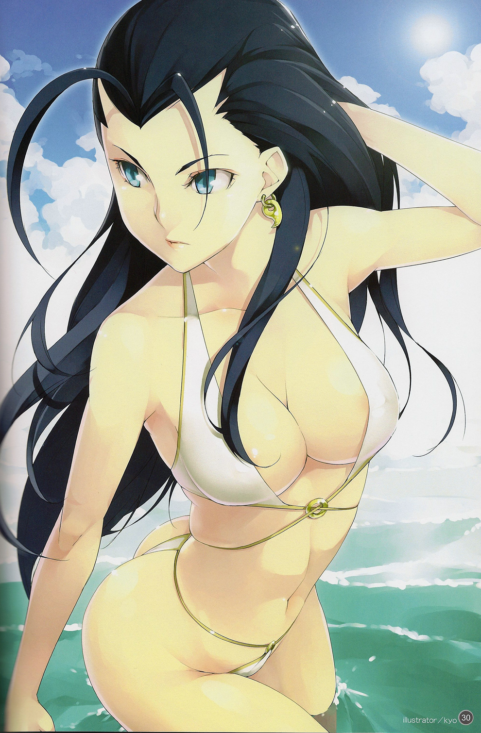 antenna_hair ass bikini black_hair blue_eyes collarbone day face highres ikkitousen ikkitousen_great_guardians jewelry kakouen_myousai kyo_(kuroichigo) long_hair magatama navel o-ring o-ring_bikini o-ring_bottom o-ring_top scan single_earring solo swimsuit thong_bikini