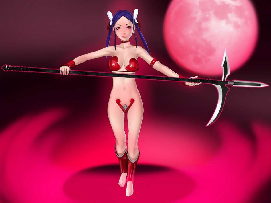 3d barefoot blue_hair demon_girl jukan_ace_level_2-2 moon red_moon scythe yoshino_momiji yosino