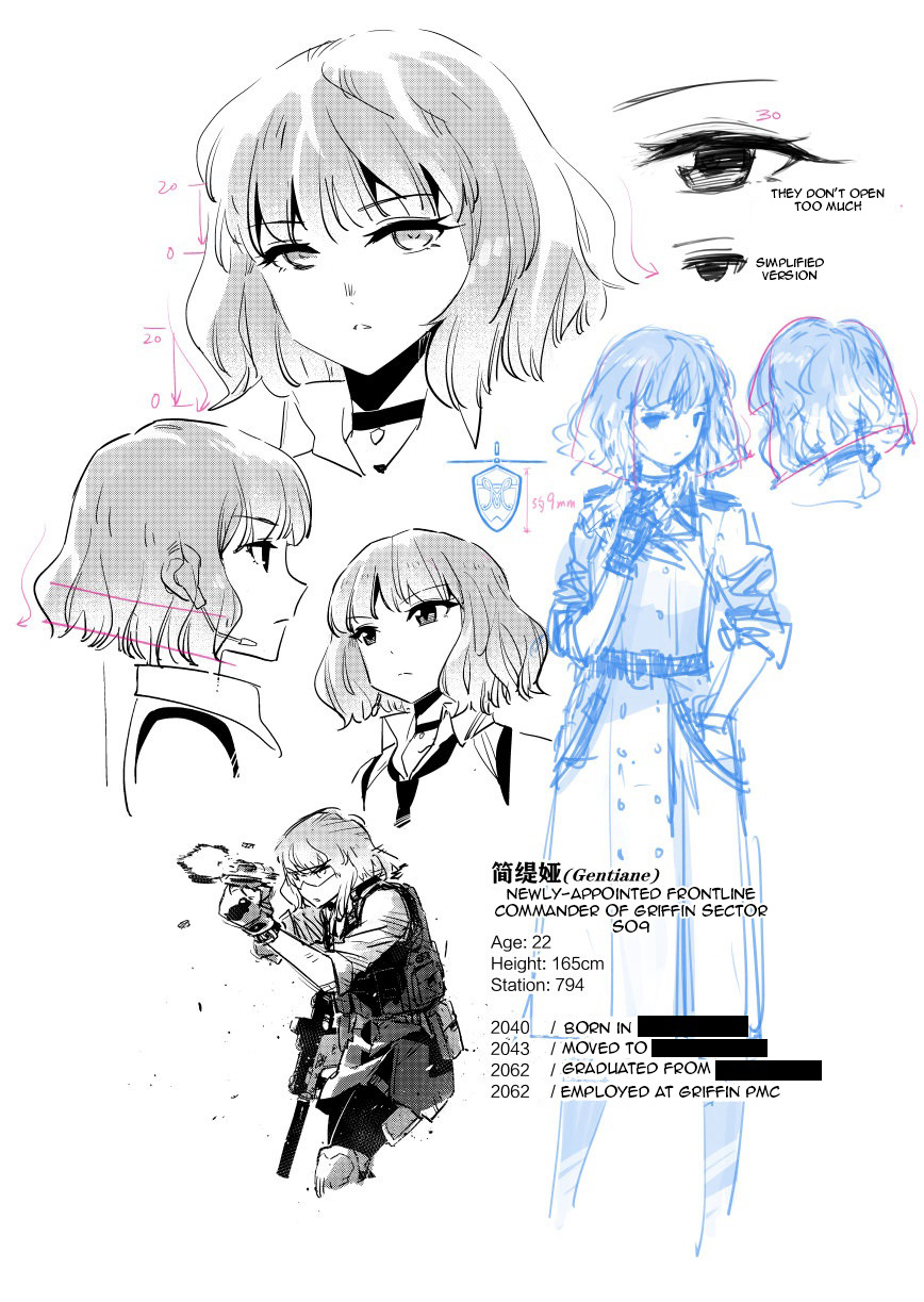 1girl aiming blue character_sheet english_text gentiane_(girls_frontline) girls_frontline gun handgun highres monotone multiple_views pistol shooting_glasses short_hair solo weapon