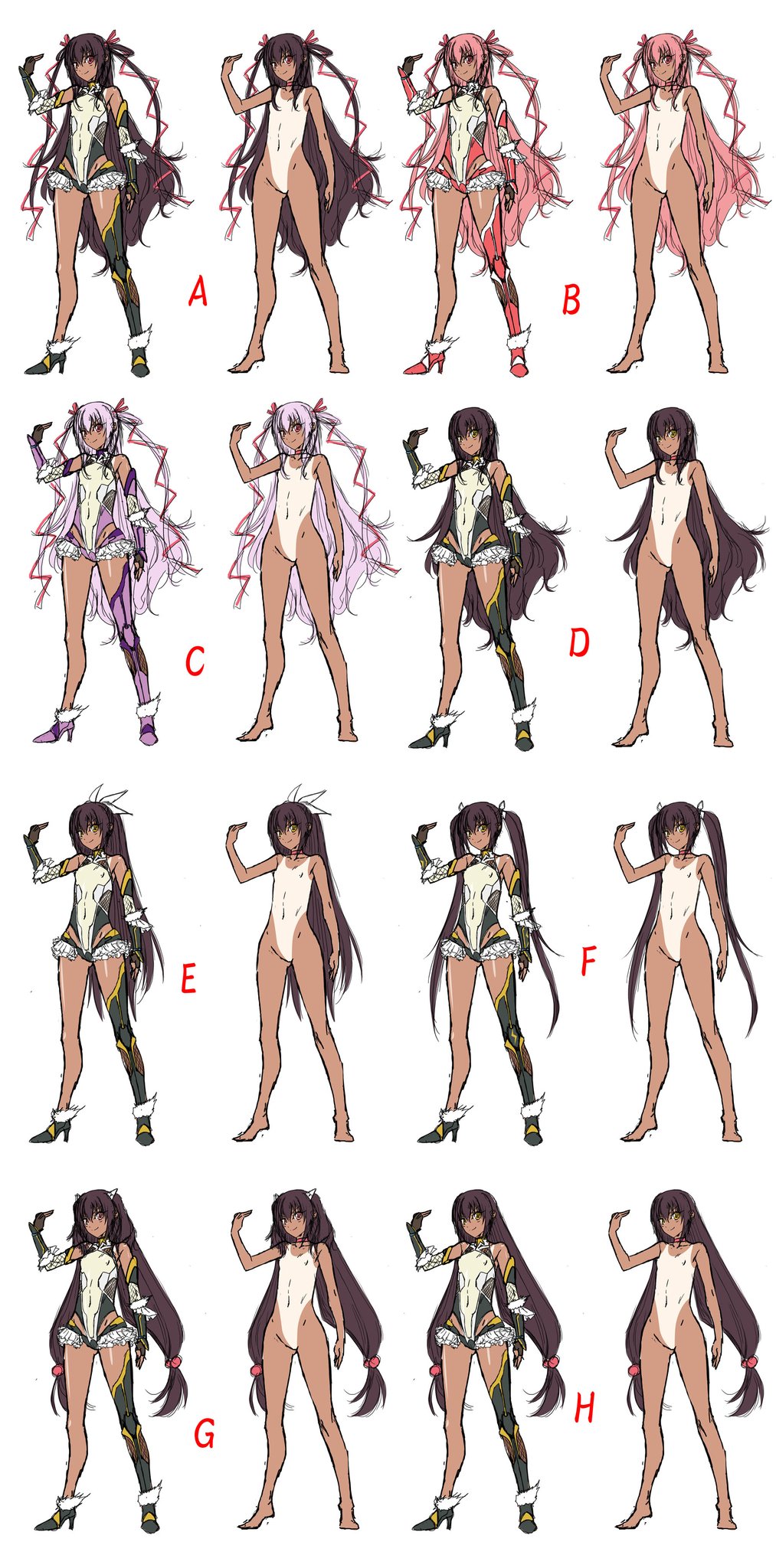 00s 1girl aoi_nagisa_(metalder) barefoot blush boots breasts brown_hair character_sheet concept_art covered_navel curvy female full_body gauntlets gloves hair_ribbon high_heel_boots high_heels highres leotard lilith-soft long_hair looking_at_viewer mizuki_yukikaze nude one-piece_tan pink_eyes ribbon sketch small_breasts smile solo taimanin_(series) taimanin_asagi taimanin_yukikaze tan tanline thigh_boots thighhighs thighs white_background