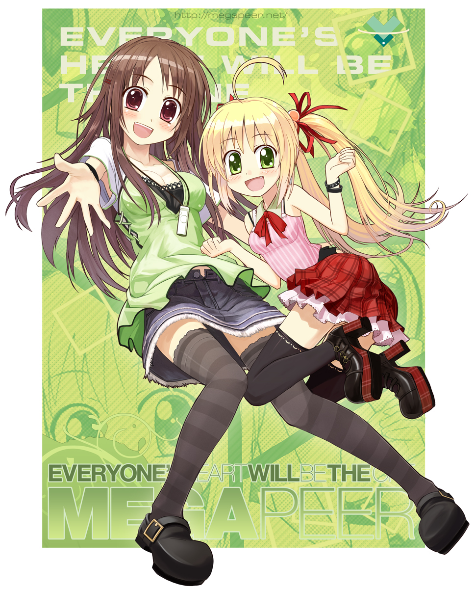 :d ahoge amagai_tarou beckoning blonde_hair blush breasts brown_hair casual child cleavage fang foreshortening green_eyes highres legs long_hair looking_at_viewer medium_breasts multiple_girls open_mouth original outstretched_hand red_eyes skirt small_breasts smile striped striped_legwear thighhighs twintails