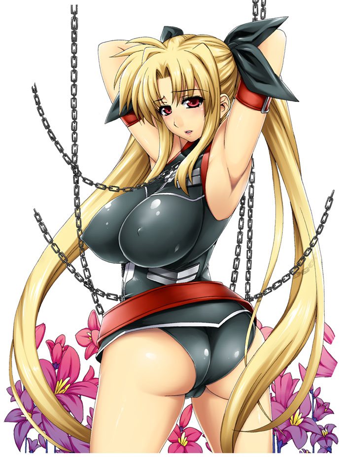 armband armpits arms_behind_head arms_up ass bad_anatomy belt blonde_hair blush breasts chain covered_nipples fate_testarossa flower hair_ribbon hotori_(sion) huge_breasts long_hair lyrical_nanoha mahou_shoujo_lyrical_nanoha_strikers red_eyes ribbon solo twintails very_long_hair