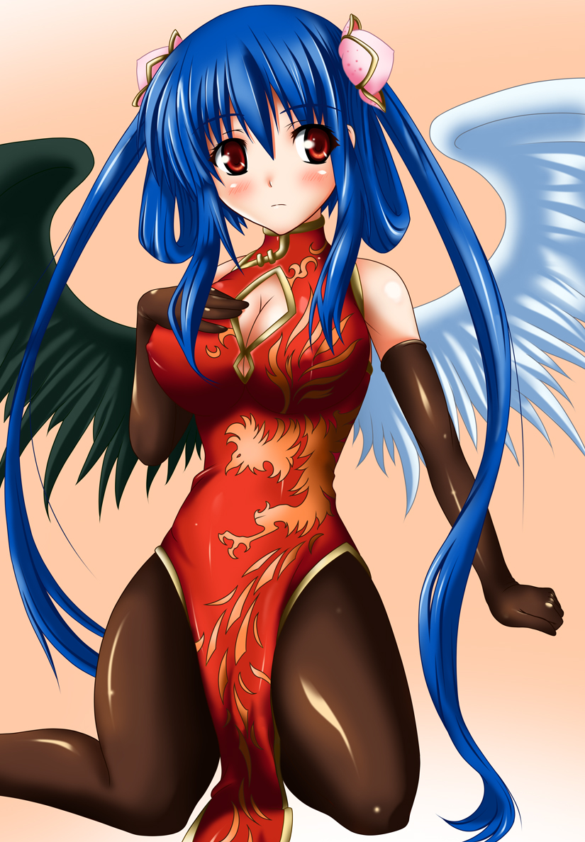 asymmetrical_wings bare_shoulders blue_hair blush breasts china_dress chinese_clothes cleavage cleavage_cutout covered_nipples dizzy dress elbow_gloves food fruit gloves guilty_gear hair_ornament hair_rings halterneck huge_breasts nishiumi_yuuta pantyhose peach red_eyes solo tail twintails wings